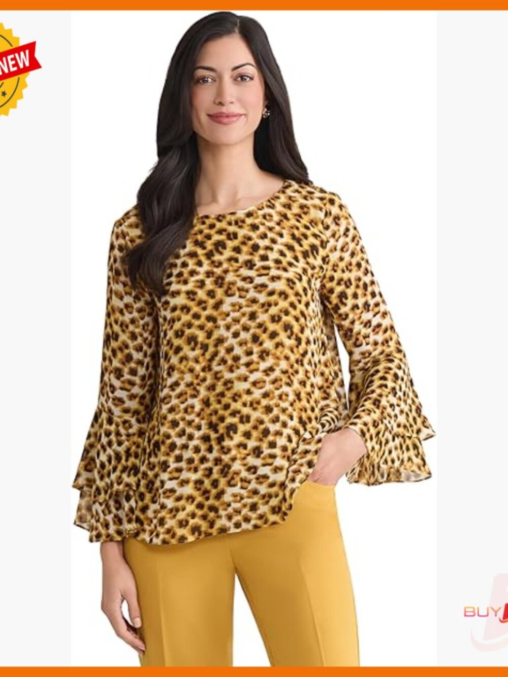 Animal Print Tiered Ruffle Sleeve Blouse Classic Fit Polyester